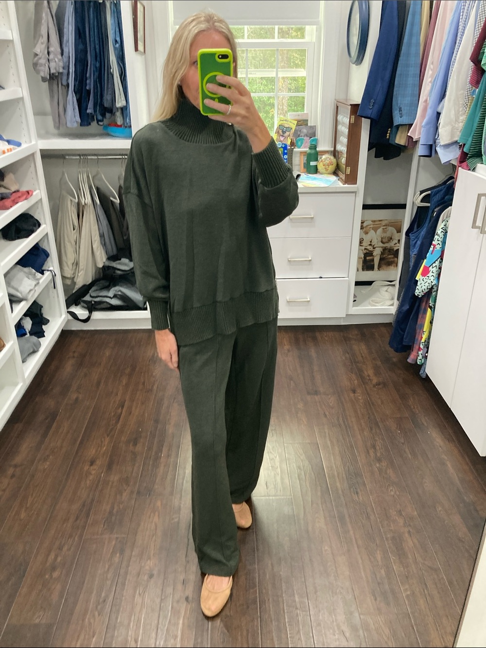 Varley Double Soft Olive Green Knit Wide-Leg Pants & Long Sleeve Tunic S